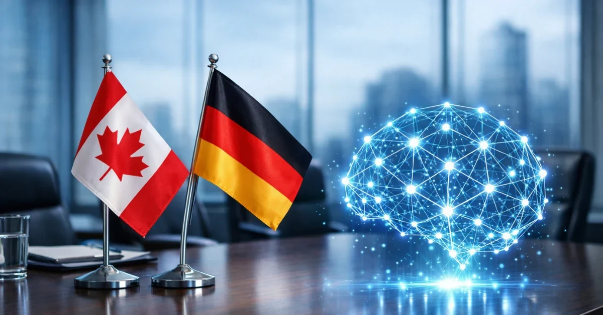 Small Canadian and German national flags sitting on a modern corporate boardroom table next to a glowing artificial intelligence hologram.