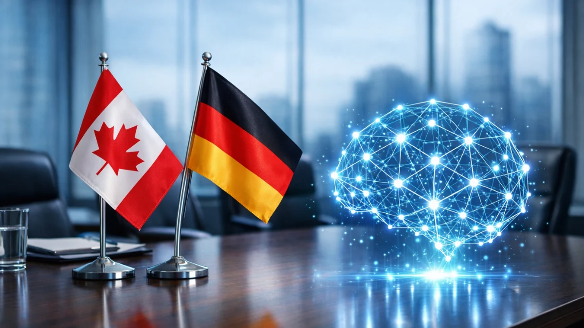 Small Canadian and German national flags sitting on a modern corporate boardroom table next to a glowing artificial intelligence hologram.