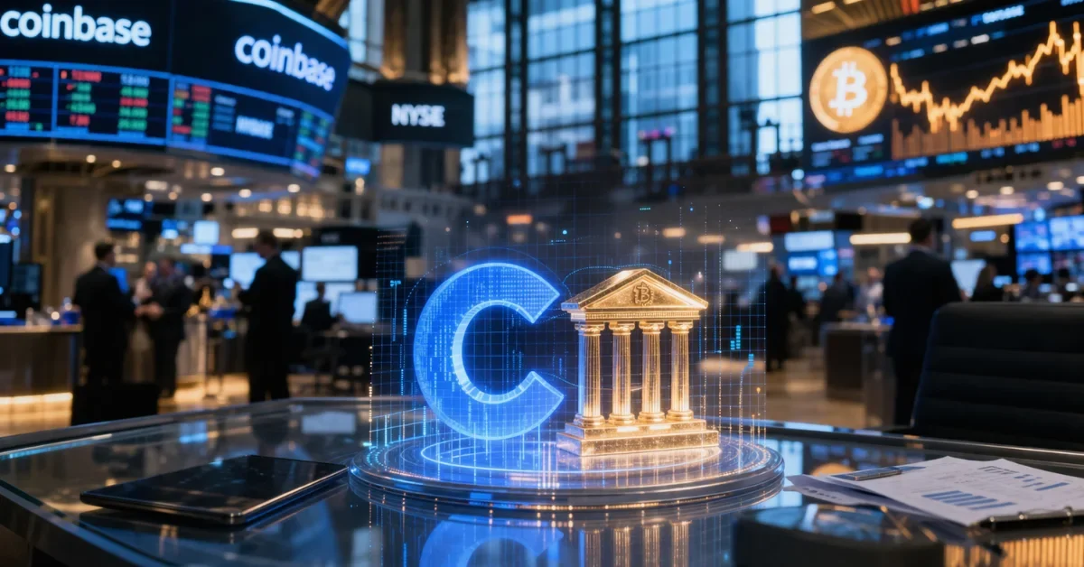 A glowing 3D hologram of the Coinbase logo merging with a traditional banking pillar on a glass desk, with a blurred modern trading floor in the background.