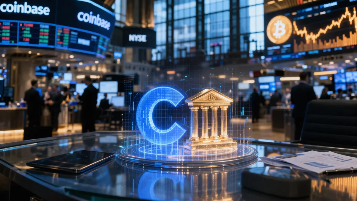 A glowing 3D hologram of the Coinbase logo merging with a traditional banking pillar on a glass desk, with a blurred modern trading floor in the background.
