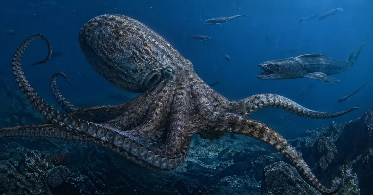 Artist’s reconstruction of a giant ancient octopus swimming through a dark prehistoric ocean.