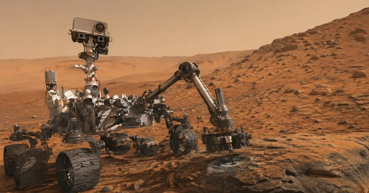 NASA’s Curiosity rover is in a rocky area of the Martian surface near a drilled sample site, shown in a wide news-style landscape view.