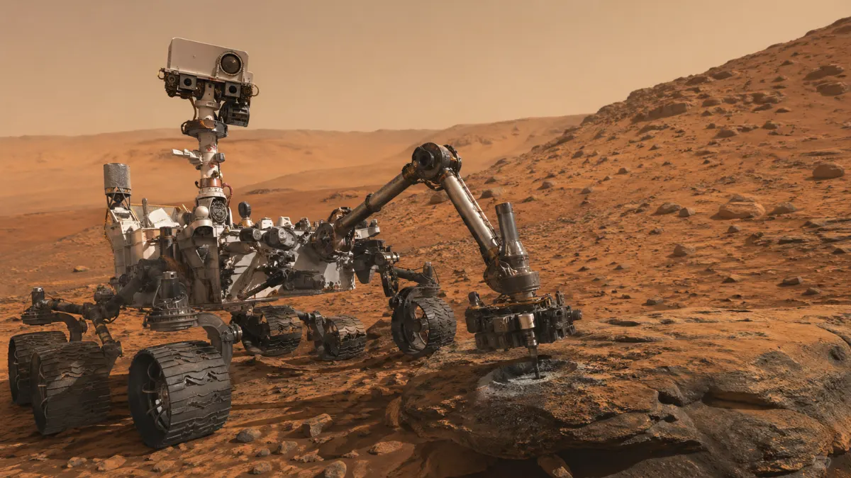 NASA’s Curiosity rover is in a rocky area of the Martian surface near a drilled sample site, shown in a wide news-style landscape view.