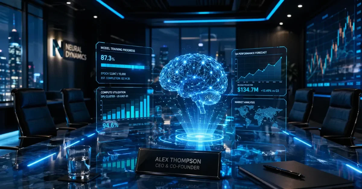 A high-tech corporate boardroom featuring futuristic holographic AI data visualizations and financial charts, representing major tech funding and advanced artificial intelligence development.