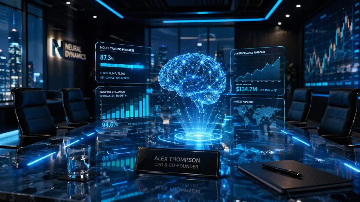 A high-tech corporate boardroom featuring futuristic holographic AI data visualizations and financial charts, representing major tech funding and advanced artificial intelligence development.