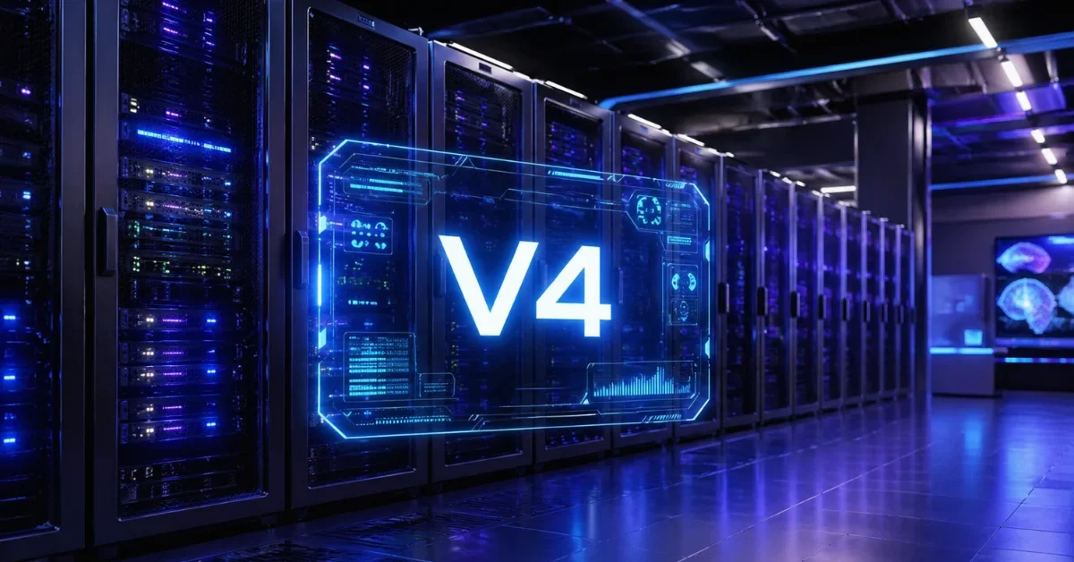 A futuristic server room with glowing blue and purple lights, featuring a holographic interface displaying the text V4, representing the launch of DeepSeek's new AI model.