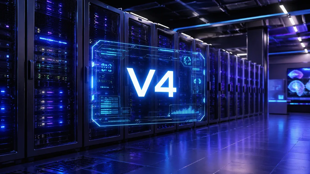 A futuristic server room with glowing blue and purple lights, featuring a holographic interface displaying the text V4, representing the launch of DeepSeek's new AI model.