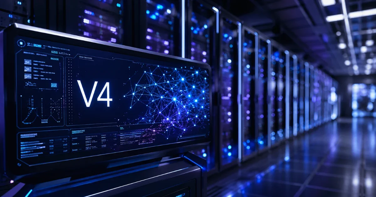 A futuristic server room with a digital display highlighting the V4 artificial intelligence system amid glowing data nodes.