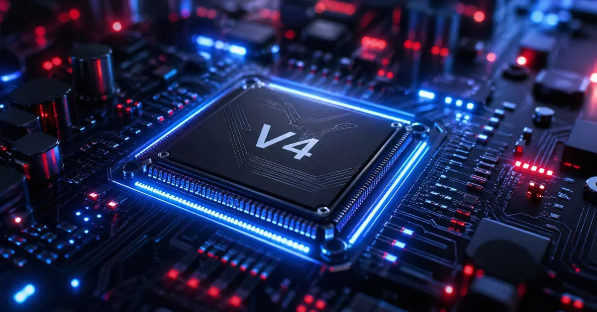 A glowing artificial intelligence processor chip with V4 etched on the surface, mounted on an illuminated circuit board.