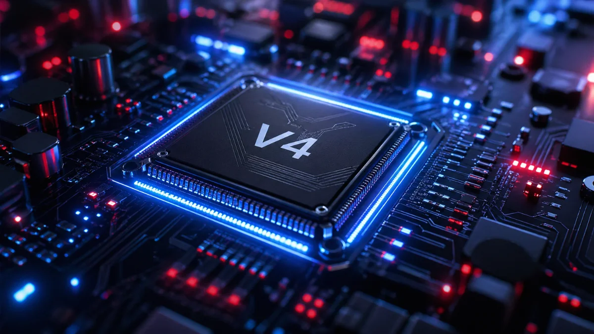 A glowing artificial intelligence processor chip with V4 etched on the surface, mounted on an illuminated circuit board.
