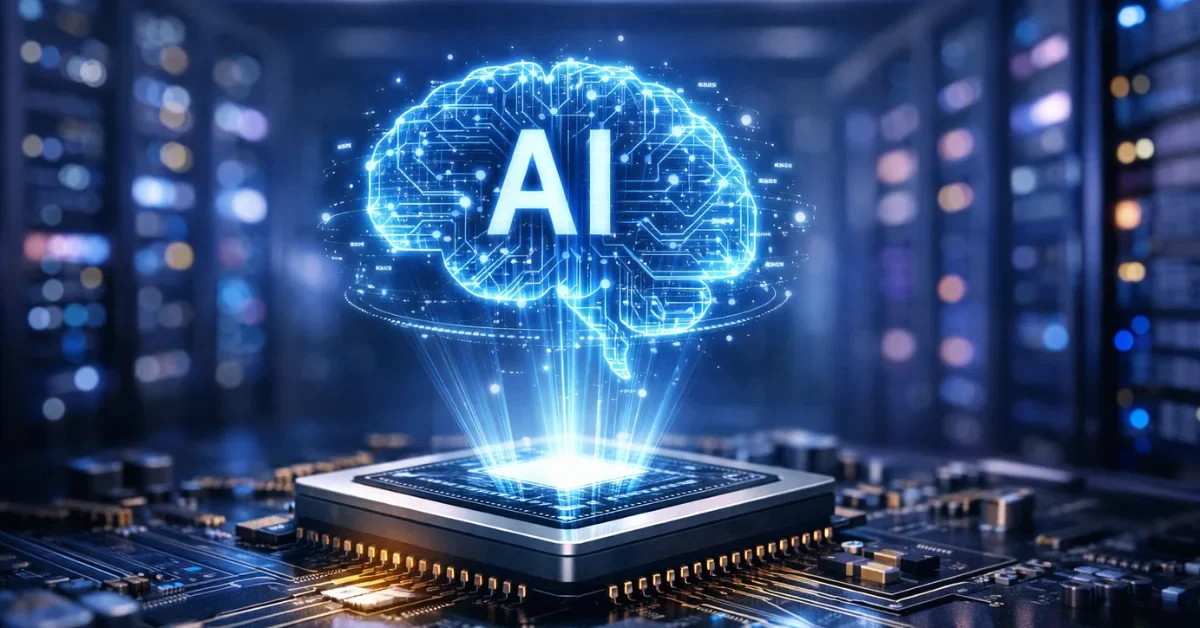 A glowing artificial intelligence microchip resting in a modern, high-tech server room with blue and purple lighting.