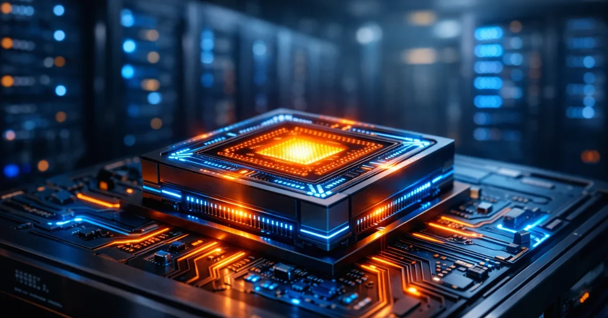 A glowing futuristic microchip on a sleek metallic server rack in a high-tech data center.