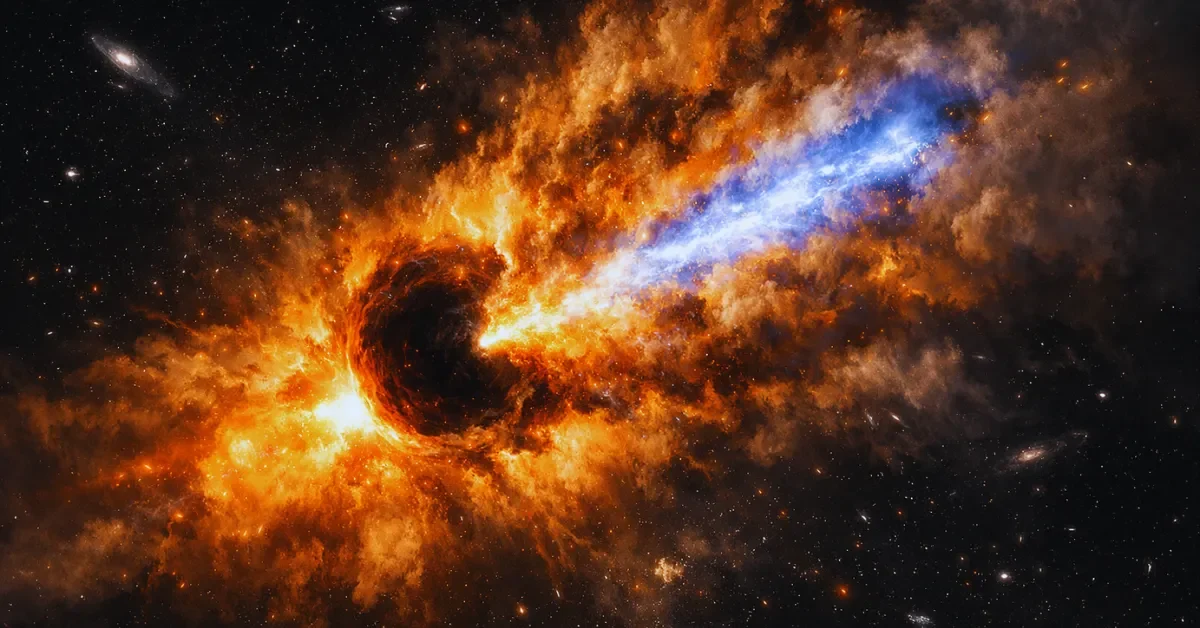 An astronomical illustration showing a massive star collapsing and emitting a turbulent beam of X-ray energy surrounded by heavy stellar material in deep space.