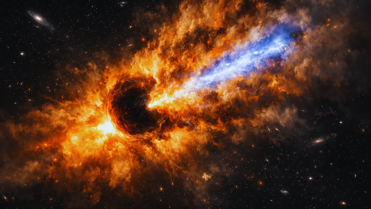 An astronomical illustration showing a massive star collapsing and emitting a turbulent beam of X-ray energy surrounded by heavy stellar material in deep space.