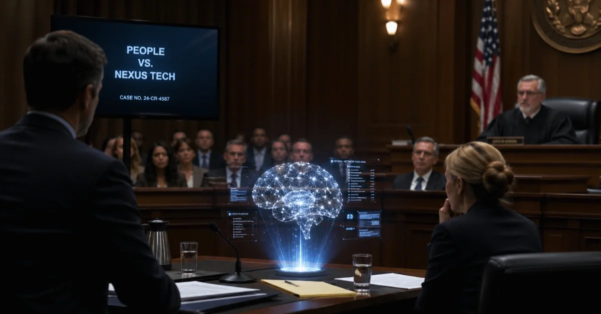 A dramatic courtroom setting featuring an abstract artificial intelligence hologram on a wooden table, representing the high-stakes tech trial.