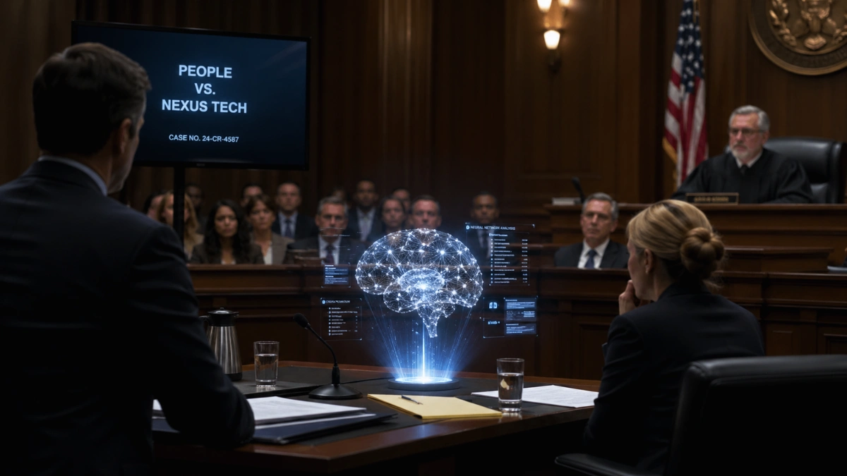 A dramatic courtroom setting featuring an abstract artificial intelligence hologram on a wooden table, representing the high-stakes tech trial.