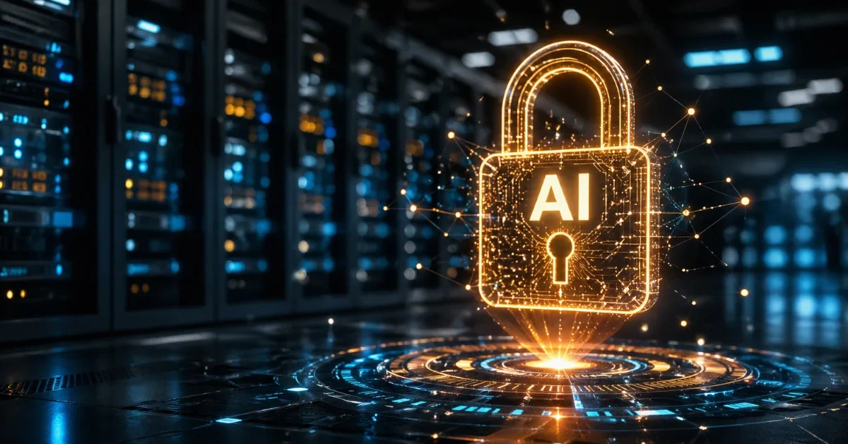 A glowing digital lock representing cybersecurity is hovering inside a modern, softly lit corporate server room.