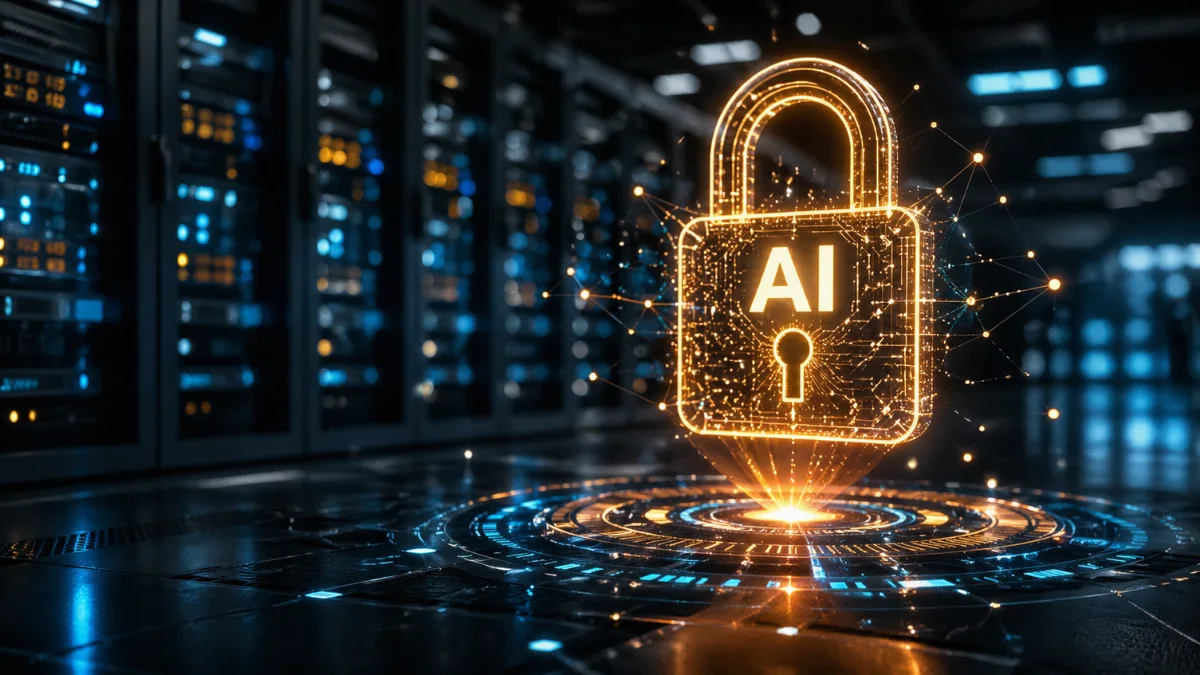 A glowing digital lock representing cybersecurity is hovering inside a modern, softly lit corporate server room.