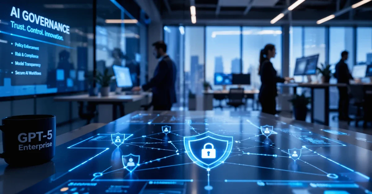 A futuristic digital interface showing secure interconnected nodes in a modern corporate office, representing enterprise AI agents and secure governance.