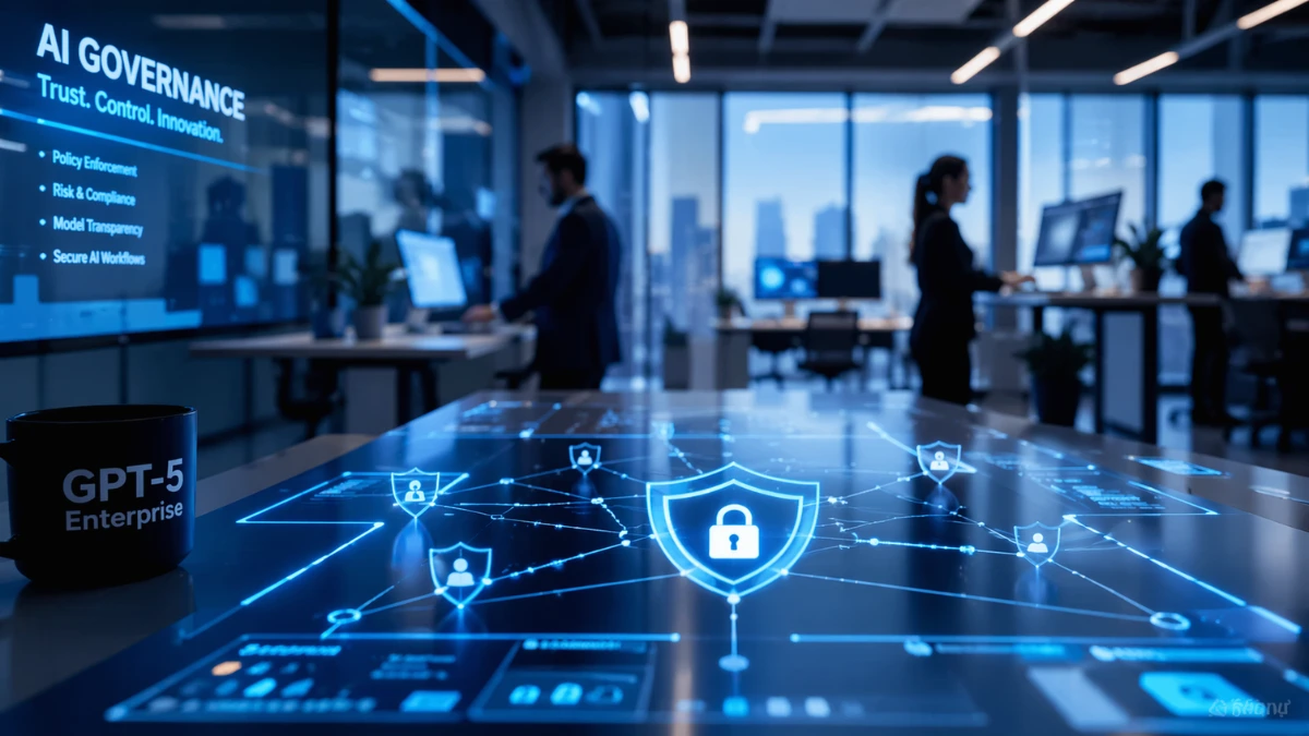 A futuristic digital interface showing secure interconnected nodes in a modern corporate office, representing enterprise AI agents and secure governance.