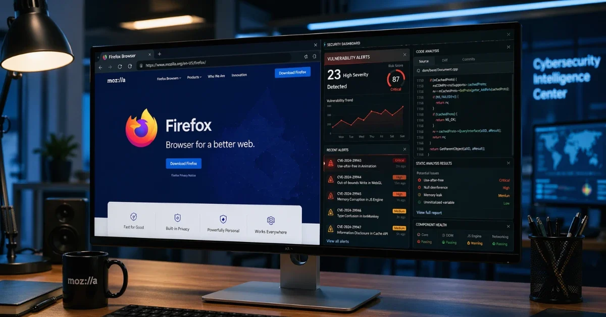 A computer monitor shows the Firefox browser next to a cybersecurity dashboard with multiple security alerts in a modern workspace.