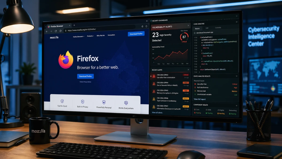A computer monitor shows the Firefox browser next to a cybersecurity dashboard with multiple security alerts in a modern workspace.