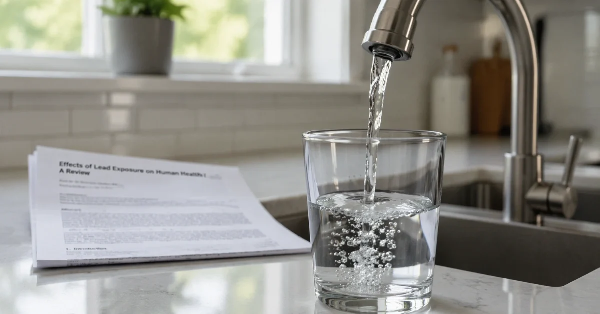 A clear glass being filled with tap water from a kitchen faucet, with a blurred paper in the background suggesting a scientific study.