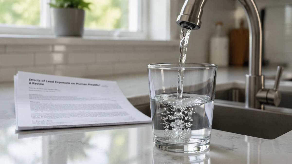 A clear glass being filled with tap water from a kitchen faucet, with a blurred paper in the background suggesting a scientific study.