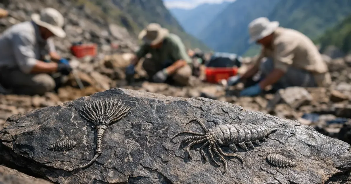 Close-up of dark shale rock revealing fossilized ancient marine creatures at an active paleontological dig site in southwest China, with researchers blurred in the background.