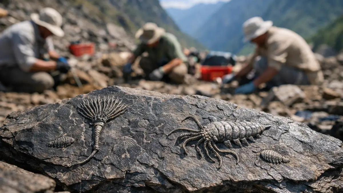 Close-up of dark shale rock revealing fossilized ancient marine creatures at an active paleontological dig site in southwest China, with researchers blurred in the background.