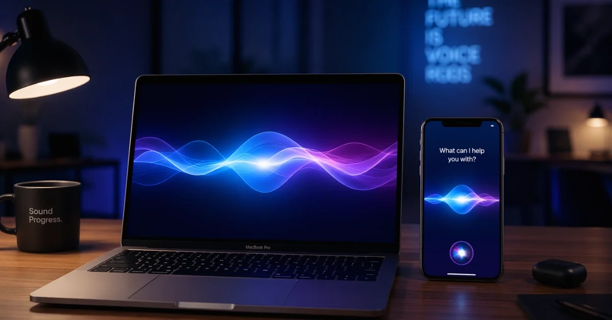 An iPhone and MacBook on a modern desk displaying glowing blue and purple artificial intelligence graphics, representing the new Gemini-powered voice assistant integration.
