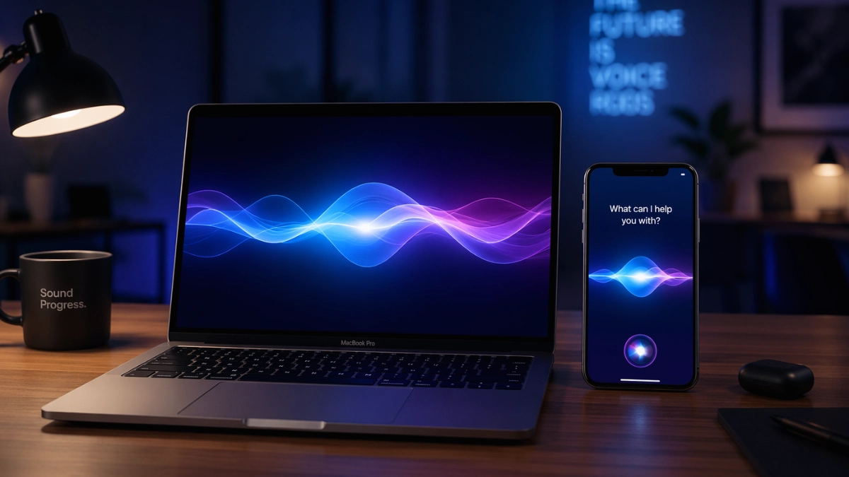 An iPhone and MacBook on a modern desk displaying glowing blue and purple artificial intelligence graphics, representing the new Gemini-powered voice assistant integration.