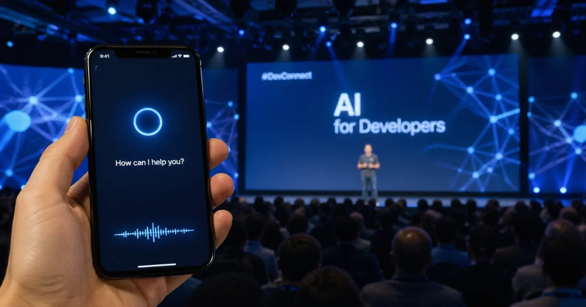 A smartphone with a voice assistant screen shown in front of a large tech conference stage with blue AI-themed lighting.