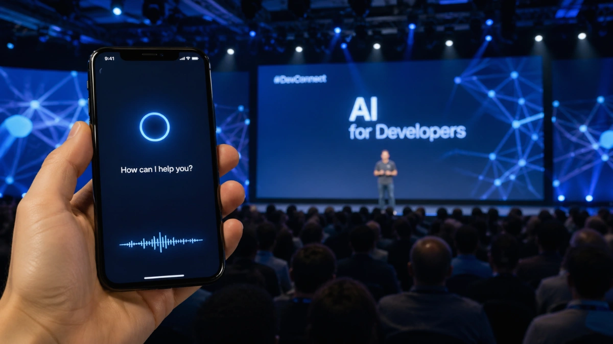 A smartphone with a voice assistant screen shown in front of a large tech conference stage with blue AI-themed lighting.