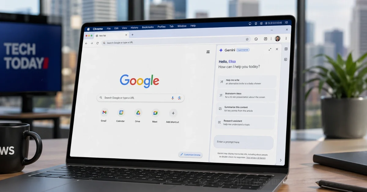 A laptop on a desk displays Google Chrome with an AI side panel open in a modern office setting.