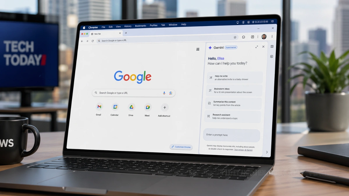 A laptop on a desk displays Google Chrome with an AI side panel open in a modern office setting.