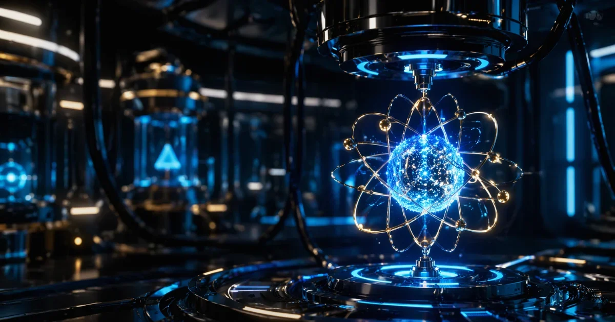 A glowing artificial quantum atom structure suspended in a high-tech laboratory, representing giant superatoms in quantum computing.
