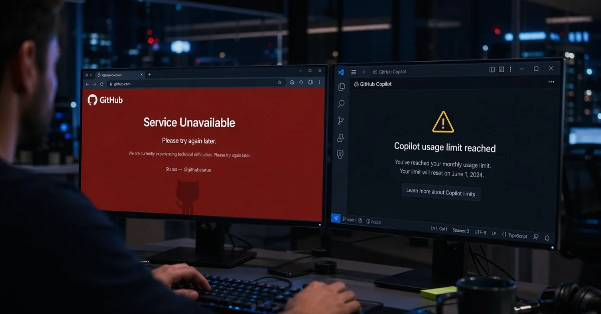 A developer at a dark office workstation facing a GitHub service-unavailable error and a Copilot usage limit warning displayed on dual monitors, representing the April 2026 GitHub outages and Copilot sign-up pause.