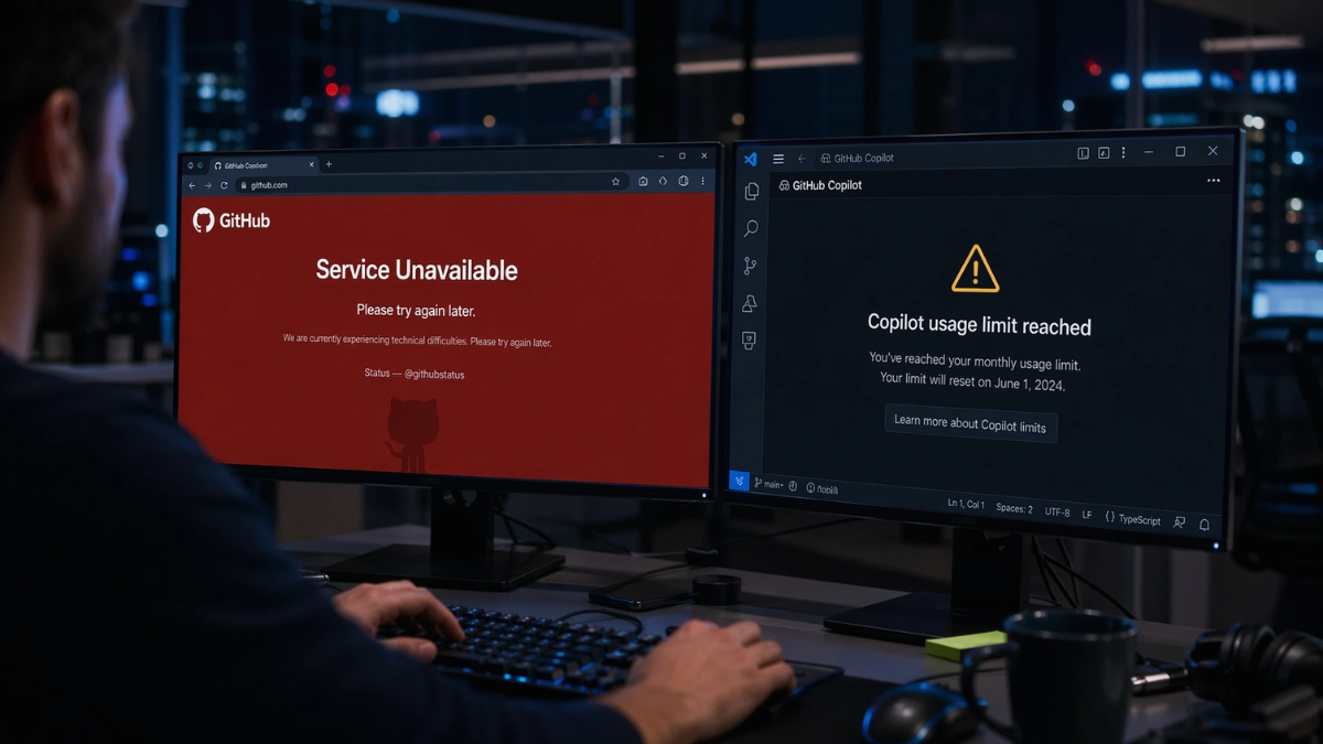 A developer at a dark office workstation facing a GitHub service-unavailable error and a Copilot usage limit warning displayed on dual monitors, representing the April 2026 GitHub outages and Copilot sign-up pause.