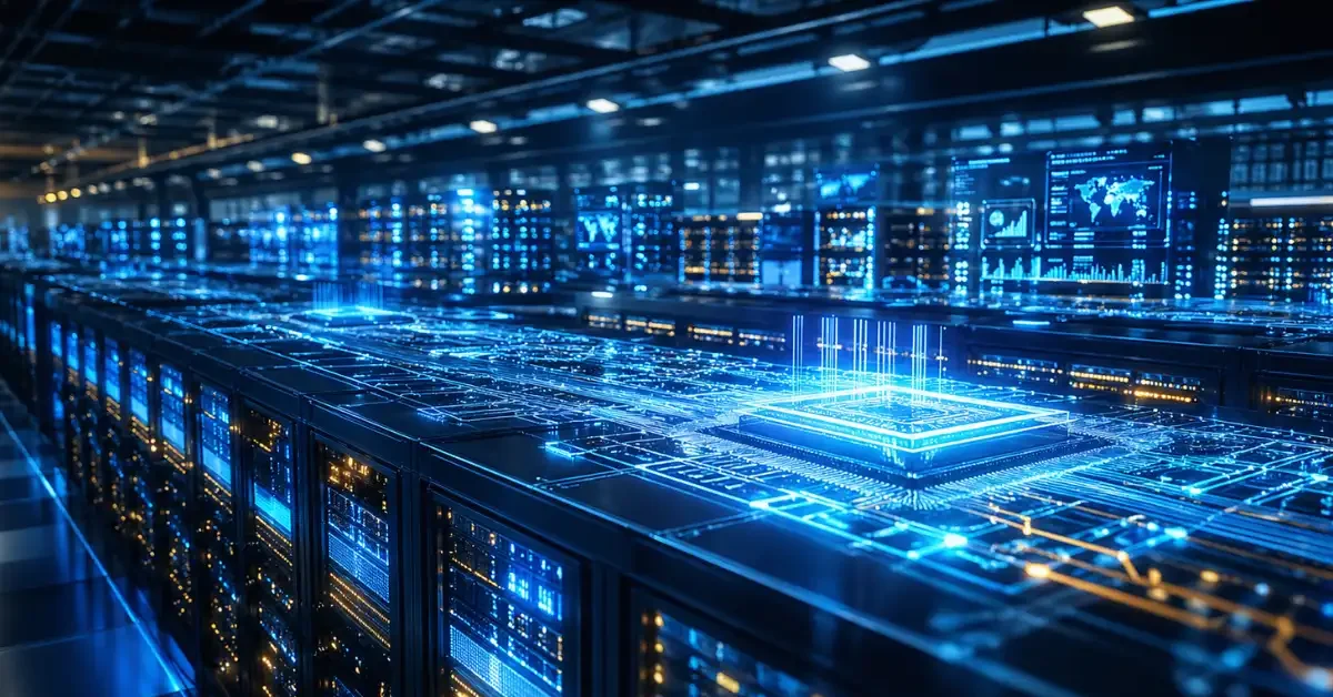 A high-tech AI data center interior featuring endless rows of illuminated server racks and glowing digital circuitry streams.