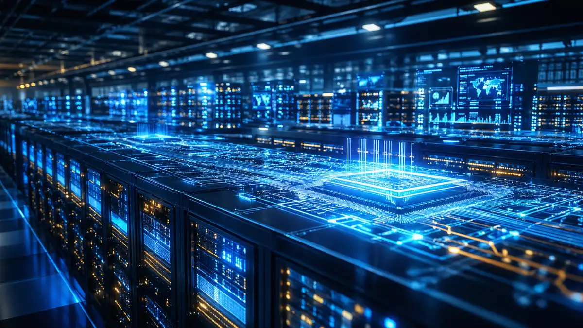 A high-tech AI data center interior featuring endless rows of illuminated server racks and glowing digital circuitry streams.