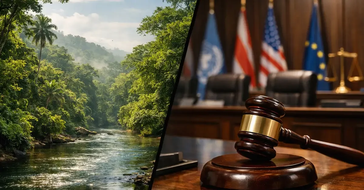 A split-screen visual contrasting a vibrant, healthy rainforest ecosystem with a wooden legal gavel, representing the intersection of nature and environmental law.