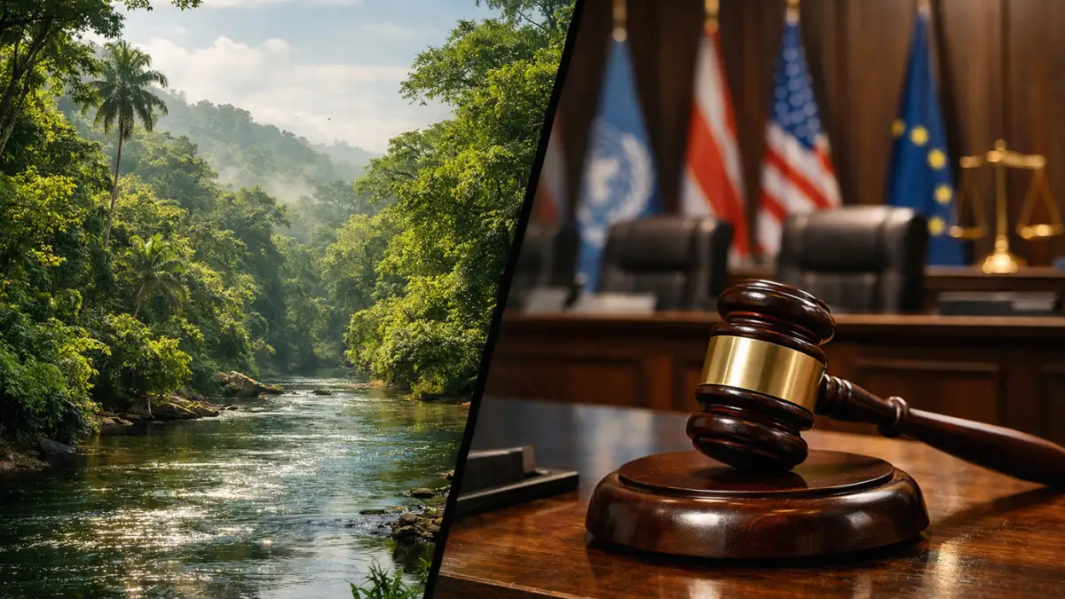 A split-screen visual contrasting a vibrant, healthy rainforest ecosystem with a wooden legal gavel, representing the intersection of nature and environmental law.