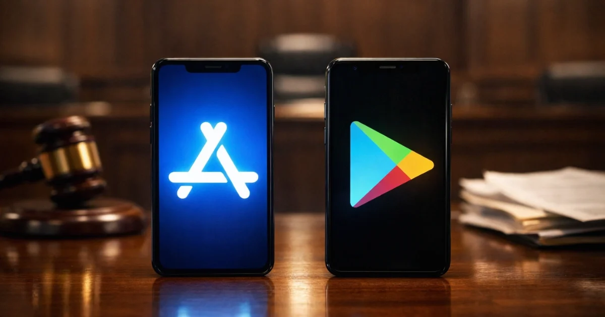 Smartphones displaying Apple and Google app store logos on a desk next to a judge's gavel and legal documents.