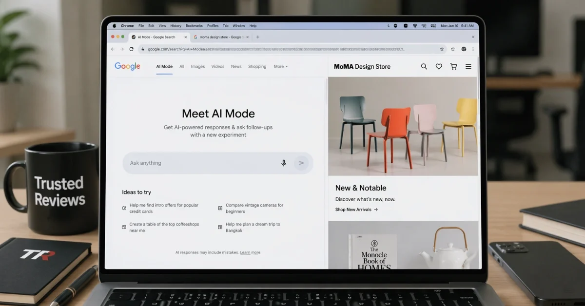 Laptop screen showing Google Chrome with an AI chat panel and a webpage displayed side by side in a split-screen browsing view.