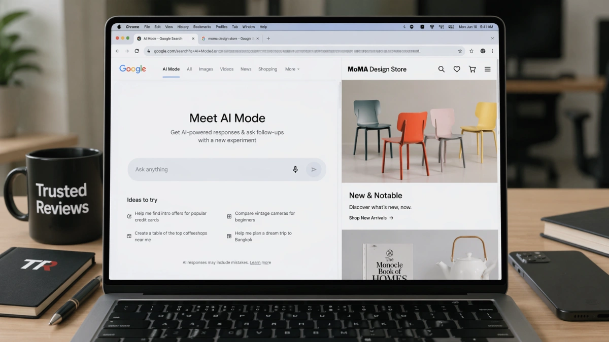 Laptop screen showing Google Chrome with an AI chat panel and a webpage displayed side by side in a split-screen browsing view.