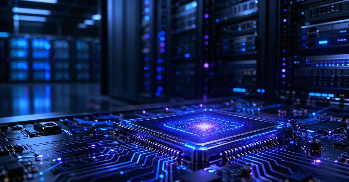 A glowing futuristic artificial intelligence microchip resting on a circuit board inside a modern cloud data center.