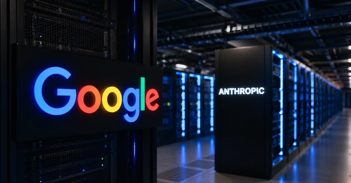 Glowing Google and Anthropic logos are displayed inside a modern, high-tech server data center with blue lighting.