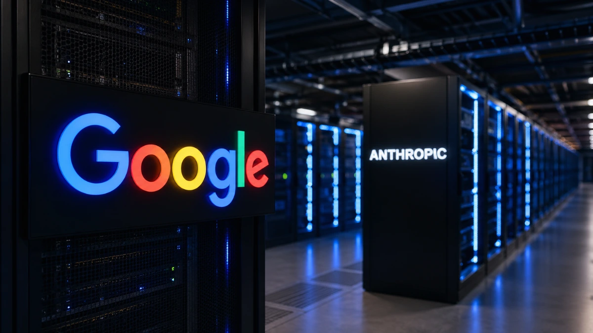 Glowing Google and Anthropic logos are displayed inside a modern, high-tech server data center with blue lighting.