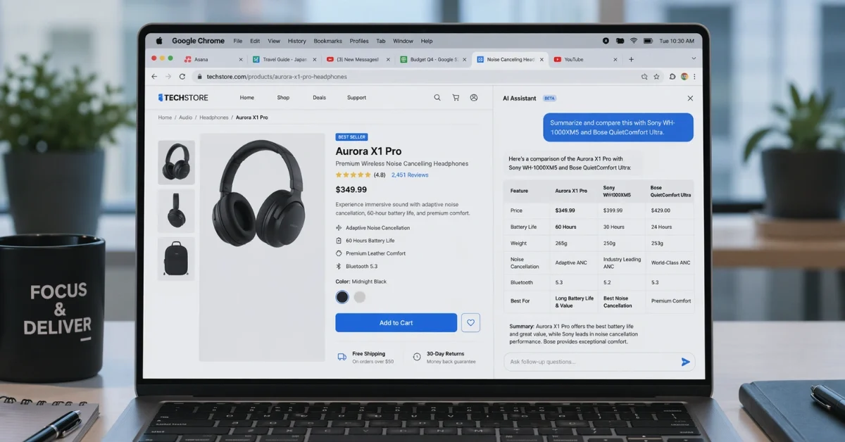 A laptop on a desk showing Google Chrome in split-screen mode with a webpage on one side and an AI assistant panel on the other.